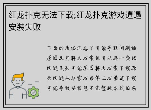 红龙扑克无法下载;红龙扑克游戏遭遇安装失败
